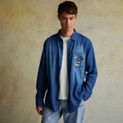 Mickey Mouse And Pluto Woven Chambray Shirt For Adults -WhimsyWears Shop 2403052050009M 2