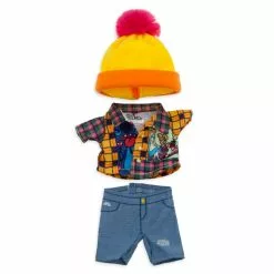 NuiMOs Small Plush Tartan Shirt, Denim Jeans And Pom Pom Hat